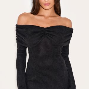 Black Brushed Rib Bardot Long Sleeve Bodycon Dress