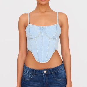 Light Blue Wash Dipped Hem Denim Corset