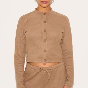Petite Taupe Super Soft Button Down Long Sleeve Top