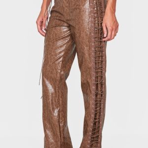 Brown Faux Leather Lace Up Straight Leg Trousers