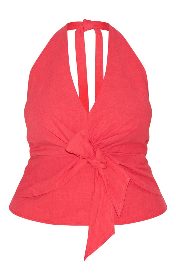 e70e4a03ef1e31a94e35bb1ff5fba0560cc37f2a_CNM6579_5_plus_red_linen_twist_front_halter_neck_top