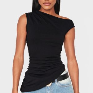 Black Asymmetric Shoulder Ruched Longline Top