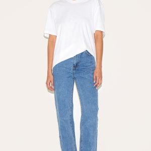 Mid Blue Wash Raw Hem Straight Leg Jean