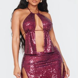 Shape Burgundy Sequin Halter Neck Split Front Top