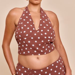 Plus Chocolate Polka Dot Halterneck Chiffon Top