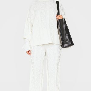 Petite Cream Cable Knit Wide Leg Trousers