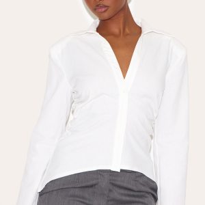 White Linen Blend Shoulder Padded Fitted Shirt