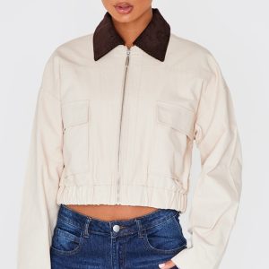 Beige Contrast Collar Twill Jacket