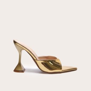 Gold Pu Patent Pointed Toe Square Mid Heeled Mules