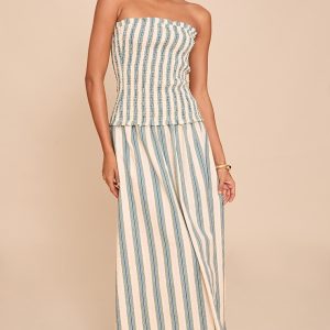 Green Pinstripe Linen Look Maxi Skirt