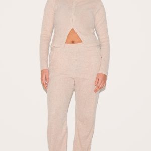 Plus Stone Brushed Rib Wide Leg Trousers