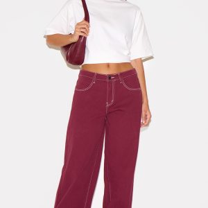 Burgundy Contrast Stitch Mid Waist Wide Leg Jeans