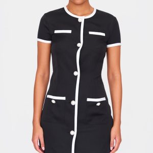 Tall Black Contrast Trim Pearl Button Up Mini Dress
