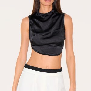 Black Satin Backless Highneck Extreme Crop Top