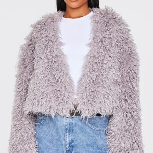 Grey Cropped Faux Fur Coat