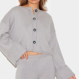 Grey Turn Up Sleeve Knit Cardigan