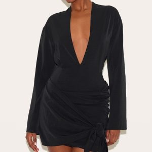 Black Woven Plunge Wrap Shirt Dress