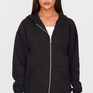Black Oversized Zip Up Plain Front Hoodie