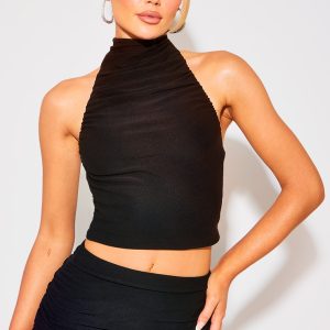 Black Soft Touch Ruched Halterneck Crop Top