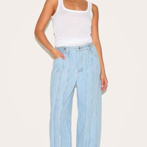 Petite Light Blue Denim Seam Detail Jeans With Adjustable Straps