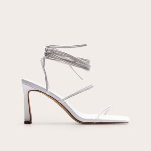 White Pu Square Toe Strappy Lace Up Mid Stiletto Heeled Sandals