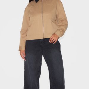 Plus Beige Contrast Collar Pocket Detail Trucker Jacket