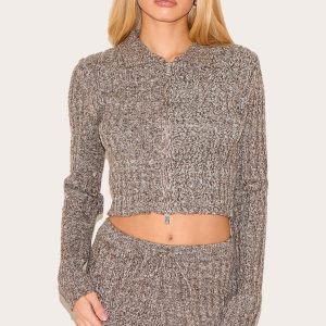 Chocolate Marl Knitted Dipped Hem Cropped Zip Up Top