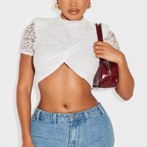 Shape White Lace Textured Shoulder Pad Cropped Top