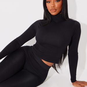 Shape Black Sculpted High Neck Long Sleeve Top
