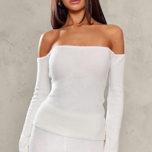 Petite Cream Knitted Long Sleeve Off The Shoulder Long Top