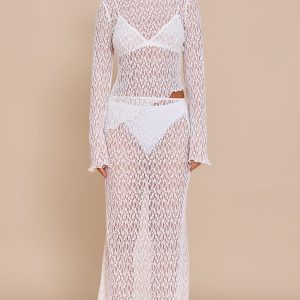 White Sheer Lace Fishtail Maxi Skirt