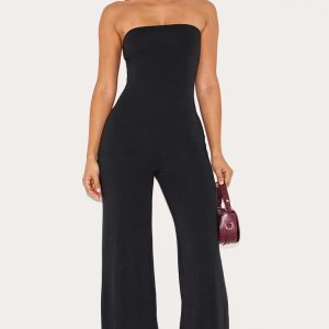 Petite Black Double Layer Jersey Bandeau Wide Leg Jumpsuit