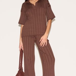 Petite Chocolate Wide Rib Knit Trousers