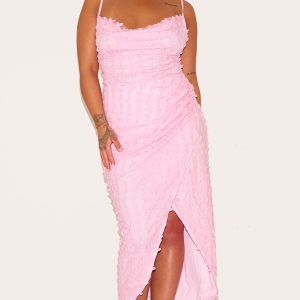 Plus Baby Pink Lace Cowl Neck Lace Up Back Midi Dress