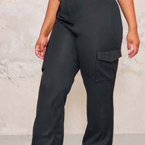 Plus Black Pocket Front Cargo Straight Leg Trousers