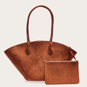 Tan Faux Suede Bucket Tote Bag