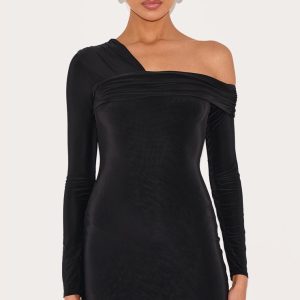 Black Double Layer Slinky Off Shoulder Mini Dress