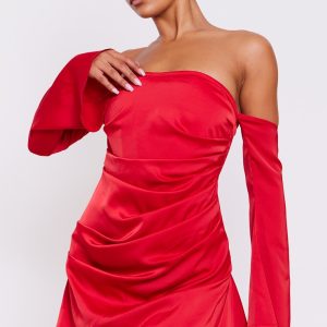 Red Satin Corset Bardot Ruched Long Sleeve Shift Dress