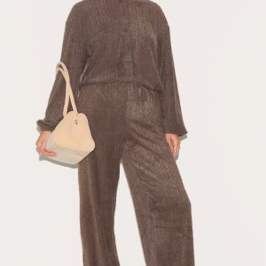 Brown Textured Wide Leg Drawstring Trousers