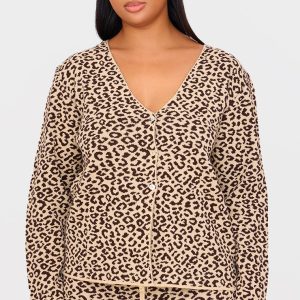 Plus Brown Leopard Print V Neck Knitted Button Up Cardigan