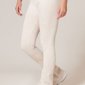 Cream Faded Contour Rib Flared Folded Waist Trousers