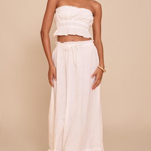 White Linen Blend Shirred Waist Maxi Skirt