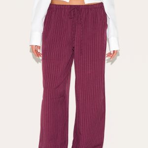 Plum Pinstripe Woven Drawstring Low Rise Relaxed Trousers