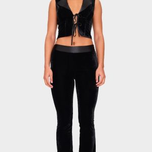 Black Velvet Satin Waistband Skinny Flare Trousers