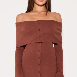 Chocolate Rib Fold Over Bardot Button Mini Dress