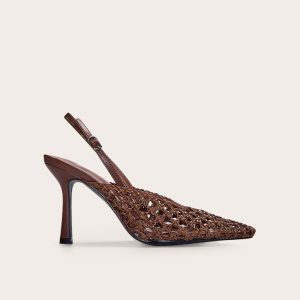 Chocolate Pu Point Toe Woven High Heeled Sling Back Courts