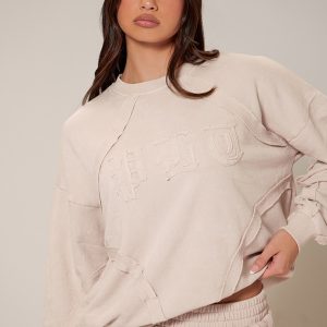 Cream Washed Distressed Seam Graphic Sweatshirt