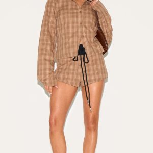 Petite Chestnut Check Mini Shorts With Waistband Detail