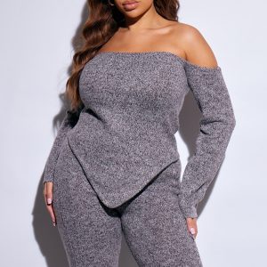 Plus Grey Marl Knit Bardot Corset Style Top