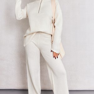 Petite Cream Knit Wide Leg Trousers